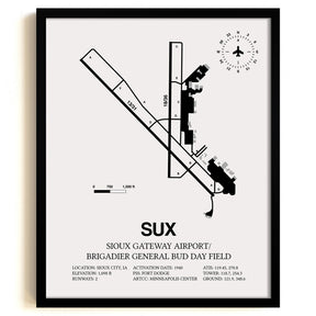 Framed Detailed Airport Map of Sioux Gateway Airport / Brigadier General Bud Day Field (SUX) in White with a Black Frame