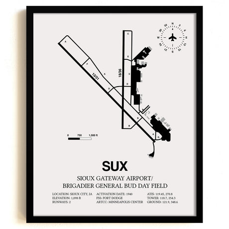 Framed Detailed Airport Map of Sioux Gateway Airport / Brigadier General Bud Day Field (SUX) in White with a Black Frame