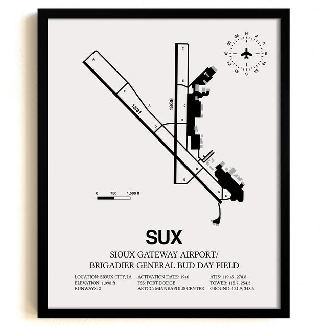 Framed Detailed Airport Map of Sioux Gateway Airport / Brigadier General Bud Day Field (SUX) in White with a Black Frame