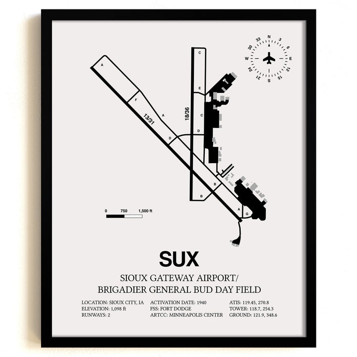 Framed Detailed Airport Map of Sioux Gateway Airport / Brigadier General Bud Day Field (SUX) in White with a Black Frame