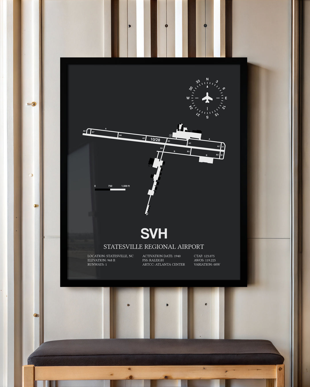 Framed Detailed Airport Map of Statesville Regional Airport (SVH) in Gray with a Black Frame