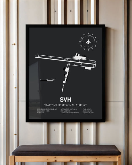 Framed Detailed Airport Map of Statesville Regional Airport (SVH) in Gray with a Black Frame