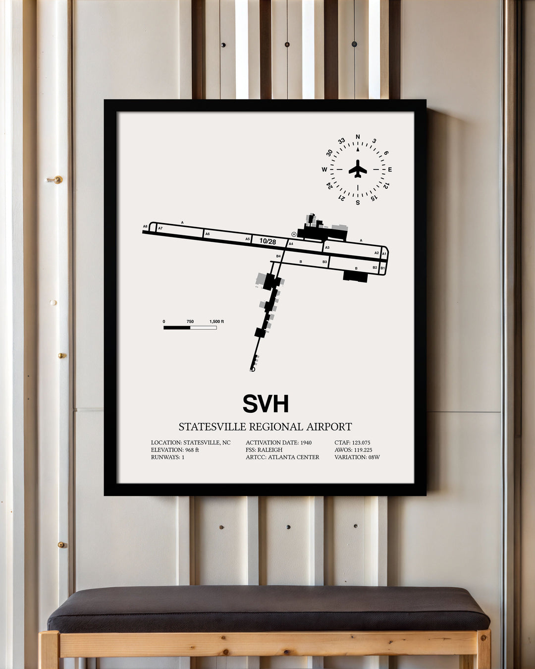 Framed Detailed Airport Map of Statesville Regional Airport (SVH) in White with a Black Frame