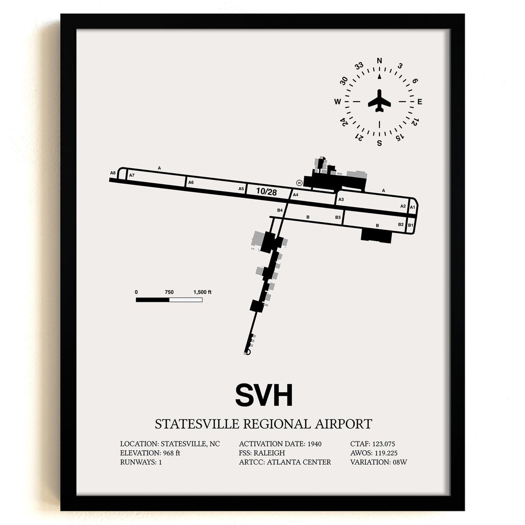 Framed Detailed Airport Map of Statesville Regional Airport (SVH) in White with a Black Frame