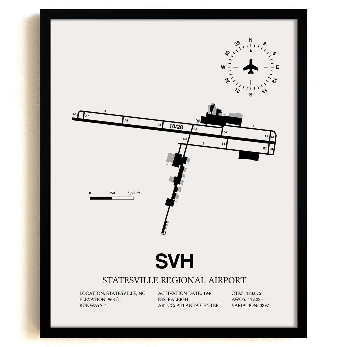 Framed Detailed Airport Map of Statesville Regional Airport (SVH) in White with a Black Frame
