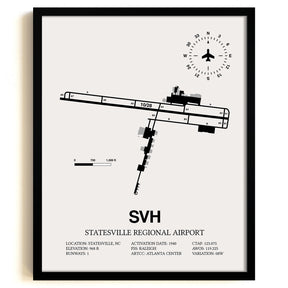 Framed Detailed Airport Map of Statesville Regional Airport (SVH) in White with a Black Frame