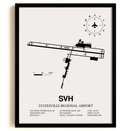 Framed Detailed Airport Map of Statesville Regional Airport (SVH) in White with a Black Frame