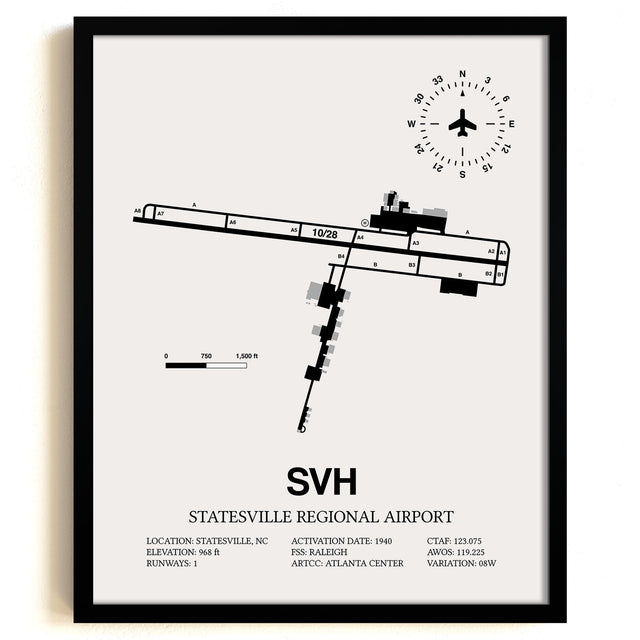 Framed Detailed Airport Map of Statesville Regional Airport (SVH) in White with a Black Frame