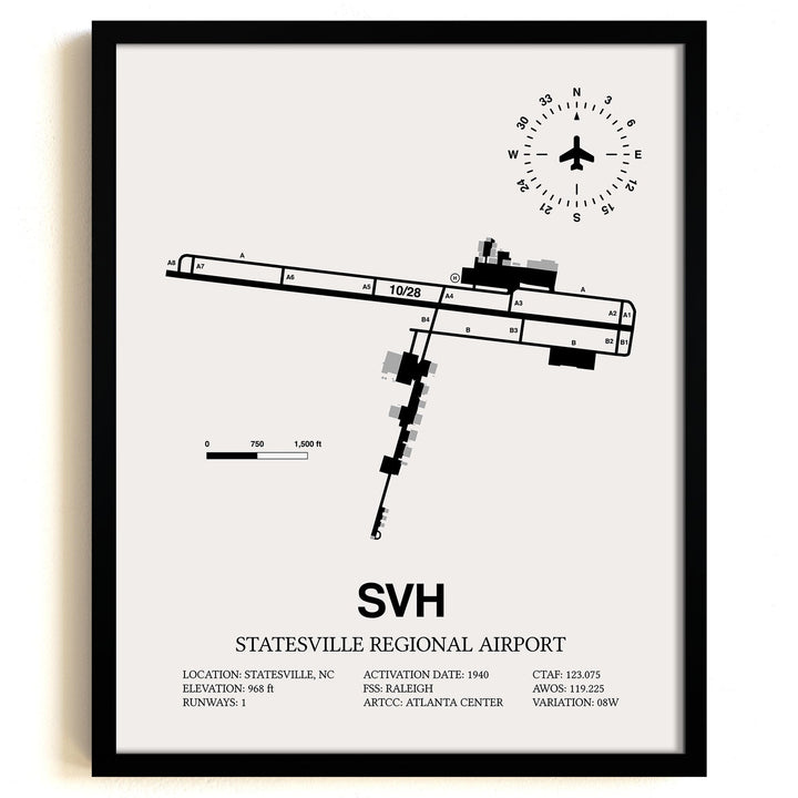 Framed Detailed Airport Map of Statesville Regional Airport (SVH) in White with a Black Frame