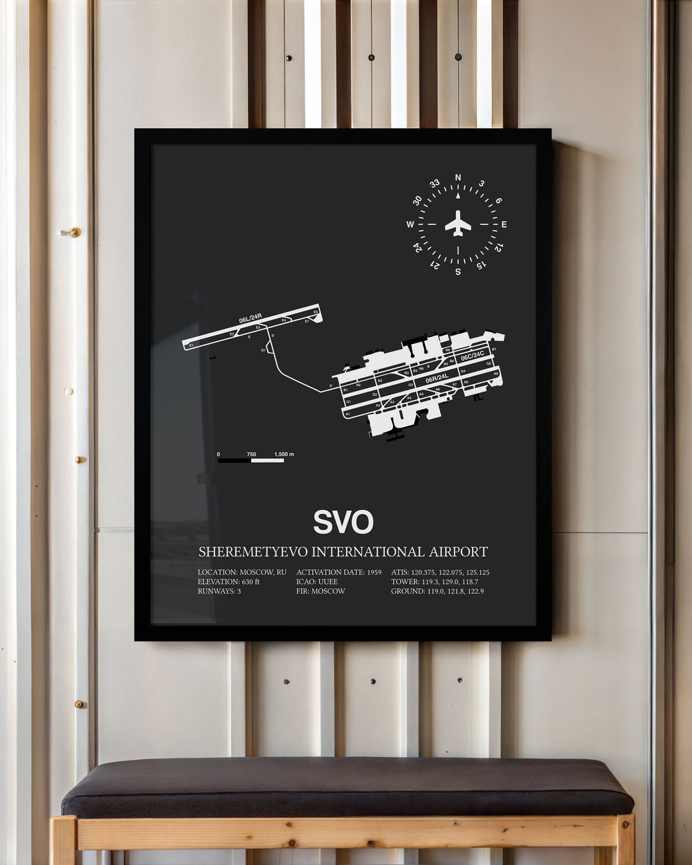 Framed Detailed Airport Map of Sheremetyevo International Airport (SVO) in Gray with a Black Frame
