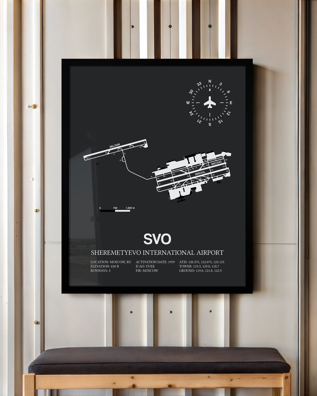 Framed Detailed Airport Map of Sheremetyevo International Airport (SVO) in Gray with a Black Frame