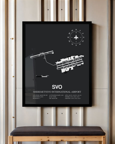 Framed Detailed Airport Map of Sheremetyevo International Airport (SVO) in Gray with a Black Frame