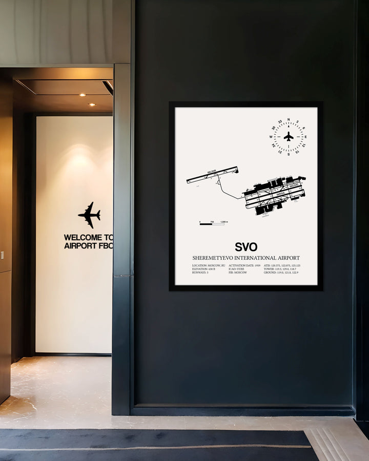 Framed Detailed Airport Map of Sheremetyevo International Airport (SVO) in White with a Black Frame