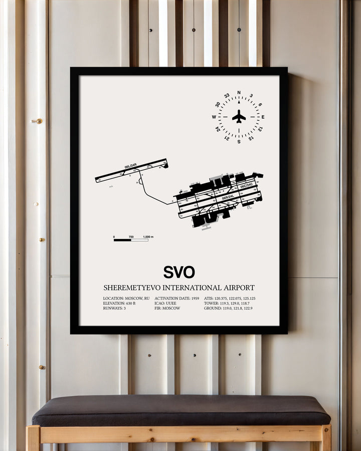 Framed Detailed Airport Map of Sheremetyevo International Airport (SVO) in White with a Black Frame