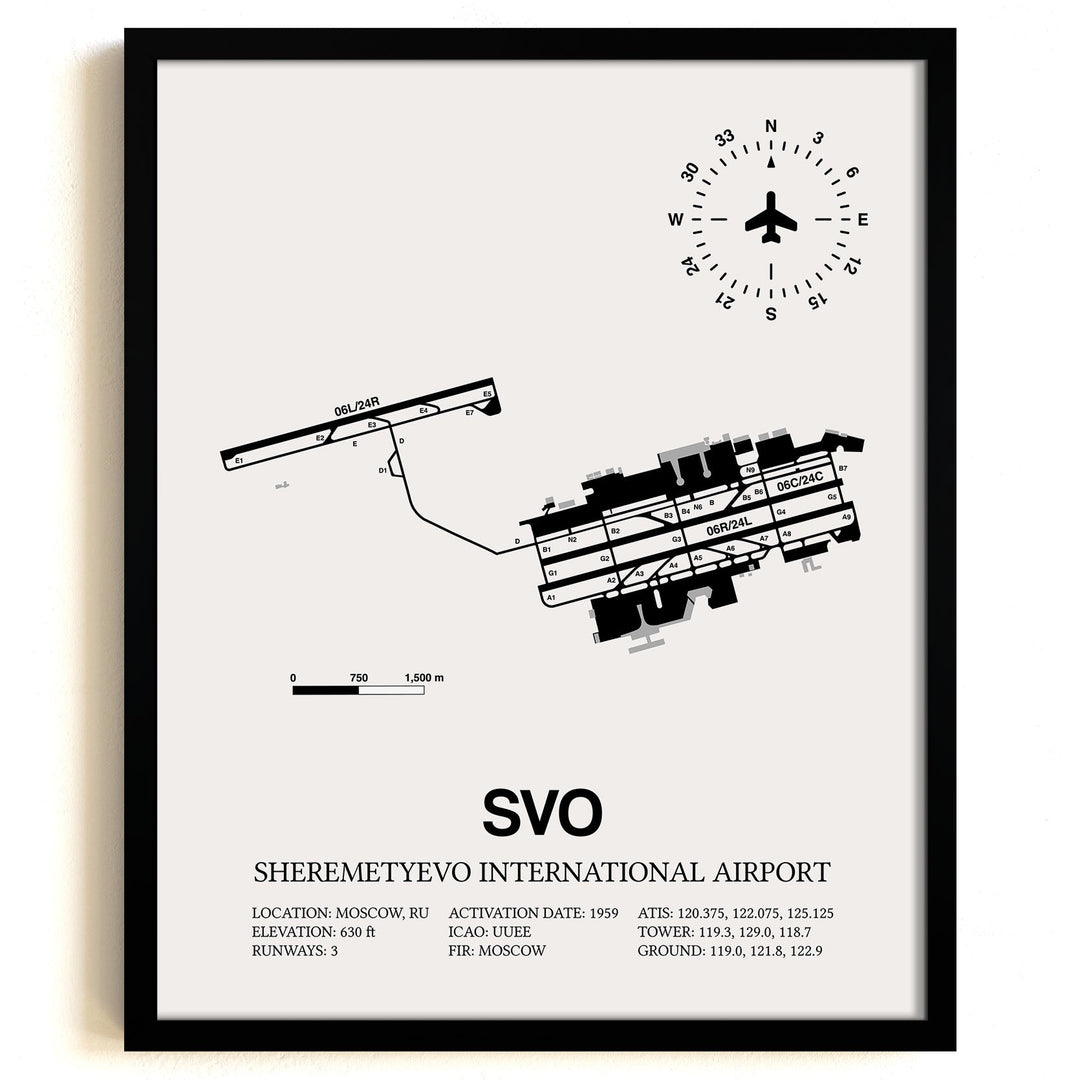 Framed Detailed Airport Map of Sheremetyevo International Airport (SVO) in White with a Black Frame