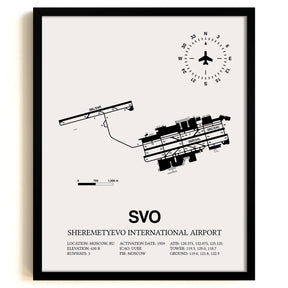 Framed Detailed Airport Map of Sheremetyevo International Airport (SVO) in White with a Black Frame