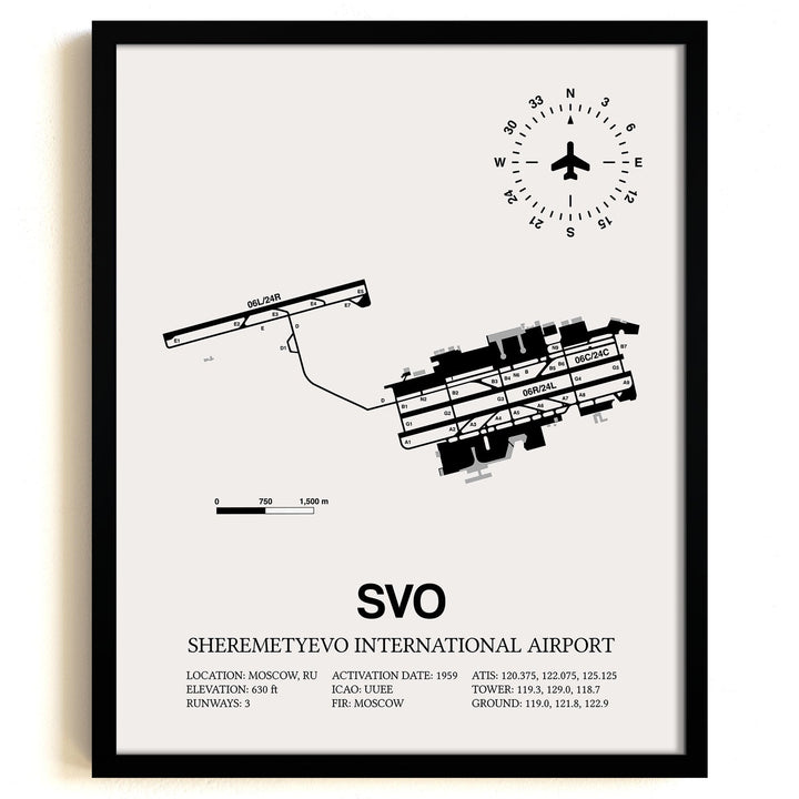 Framed Detailed Airport Map of Sheremetyevo International Airport (SVO) in White with a Black Frame
