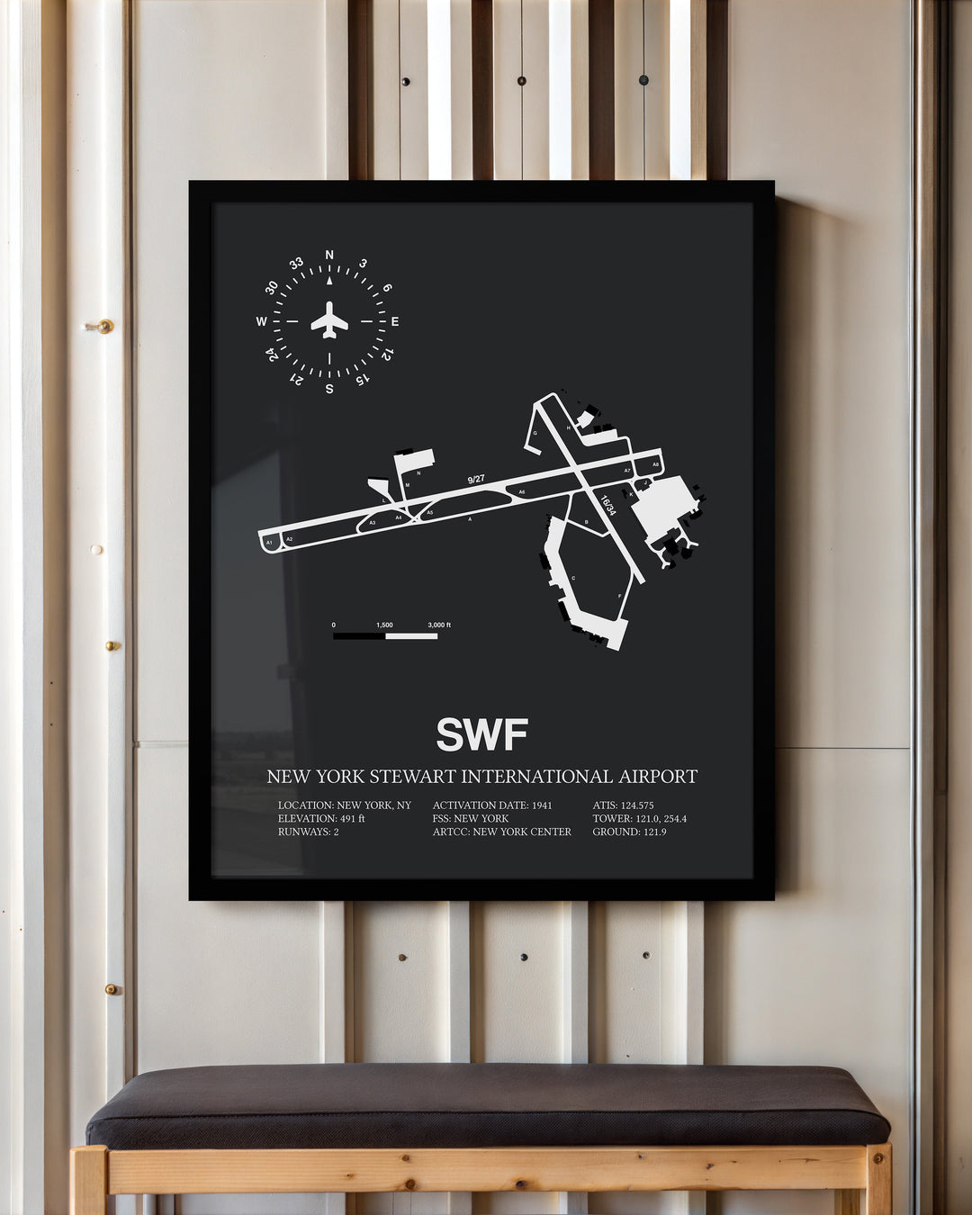 Framed Detailed Airport Map of New York Stewart International Airport (SWF) in Gray with a Black Frame