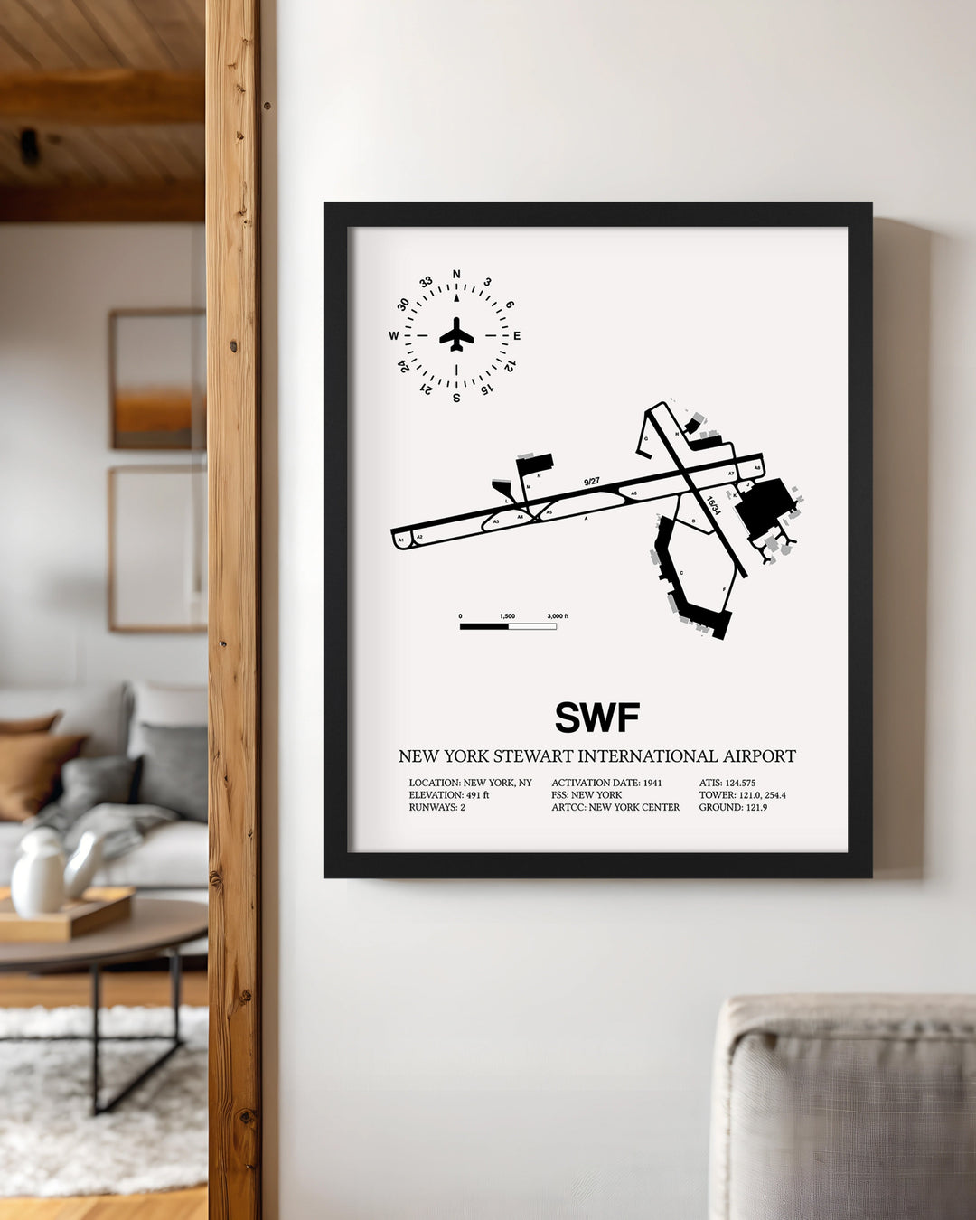 Framed Detailed Airport Map of New York Stewart International Airport (SWF) in White with a Black Frame