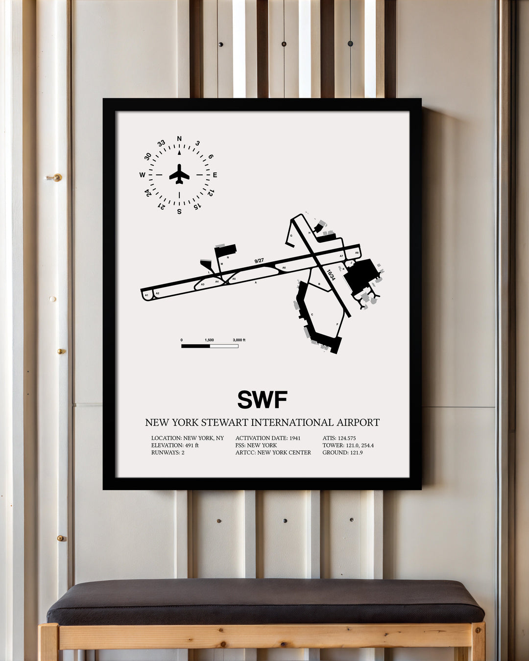 Framed Detailed Airport Map of New York Stewart International Airport (SWF) in White with a Black Frame