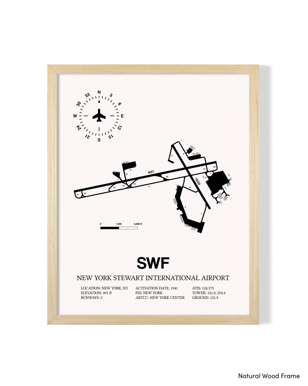 Detailed Airport Map of New York Stewart International Airport (SWF) in White with a Natural Frame