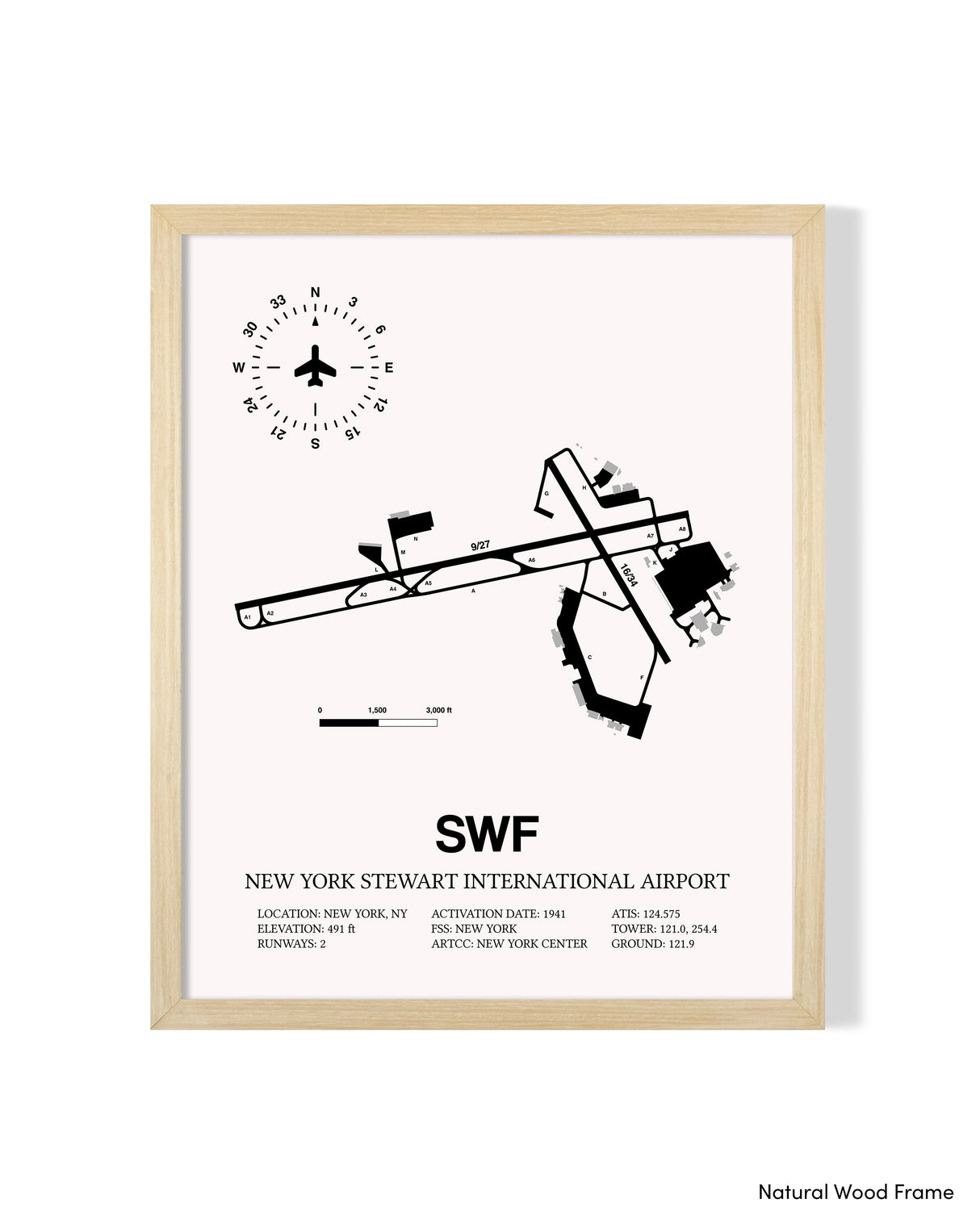 Detailed Airport Map of New York Stewart International Airport (SWF) in White with a Natural Frame