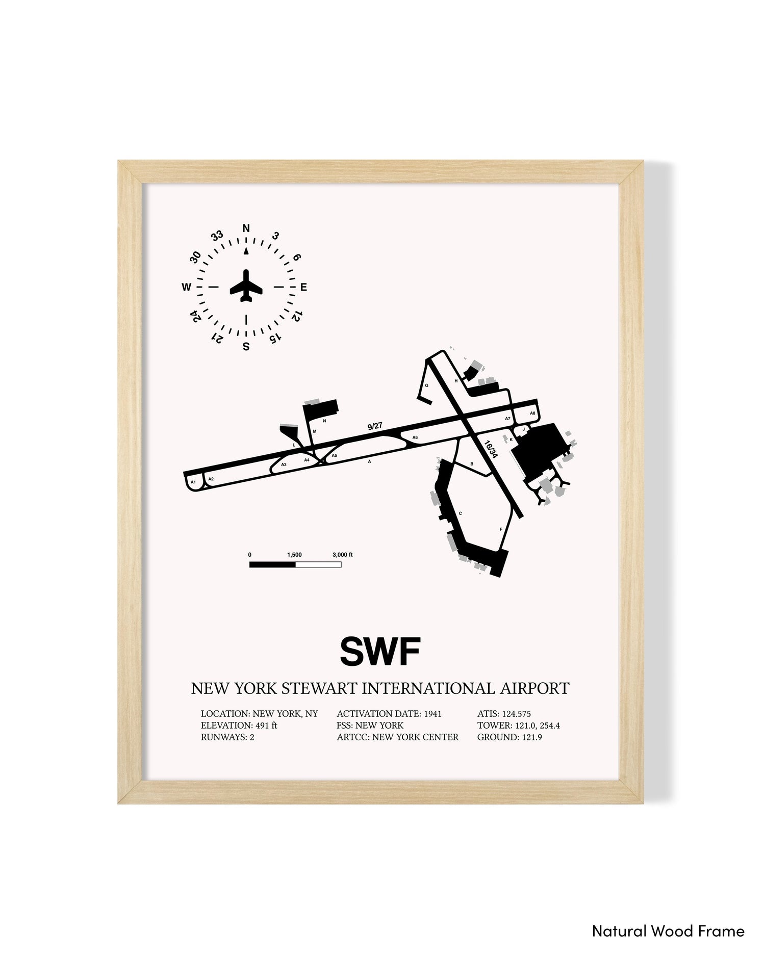 Detailed Airport Map of New York Stewart International Airport (SWF) in White with a Natural Frame