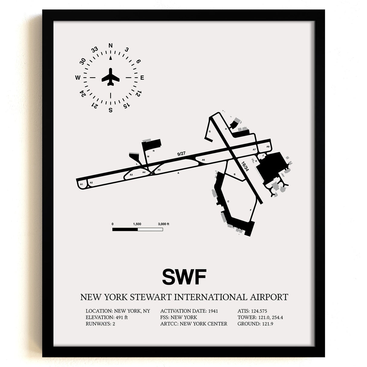 Framed Detailed Airport Map of New York Stewart International Airport (SWF) in White with a Black Frame
