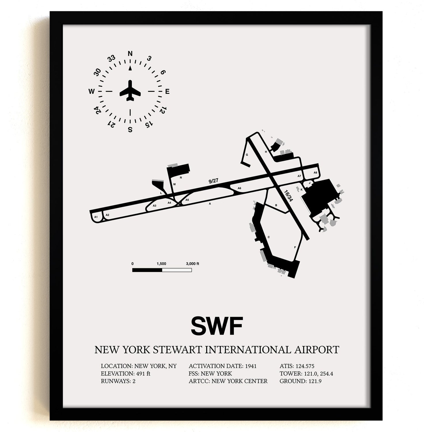 Framed Detailed Airport Map of New York Stewart International Airport (SWF) in White with a Black Frame