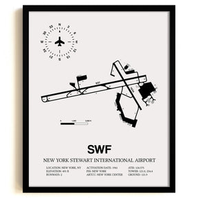 Framed Detailed Airport Map of New York Stewart International Airport (SWF) in White with a Black Frame