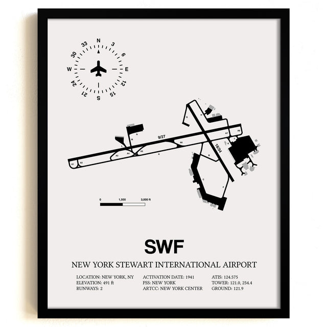 Framed Detailed Airport Map of New York Stewart International Airport (SWF) in White with a Black Frame