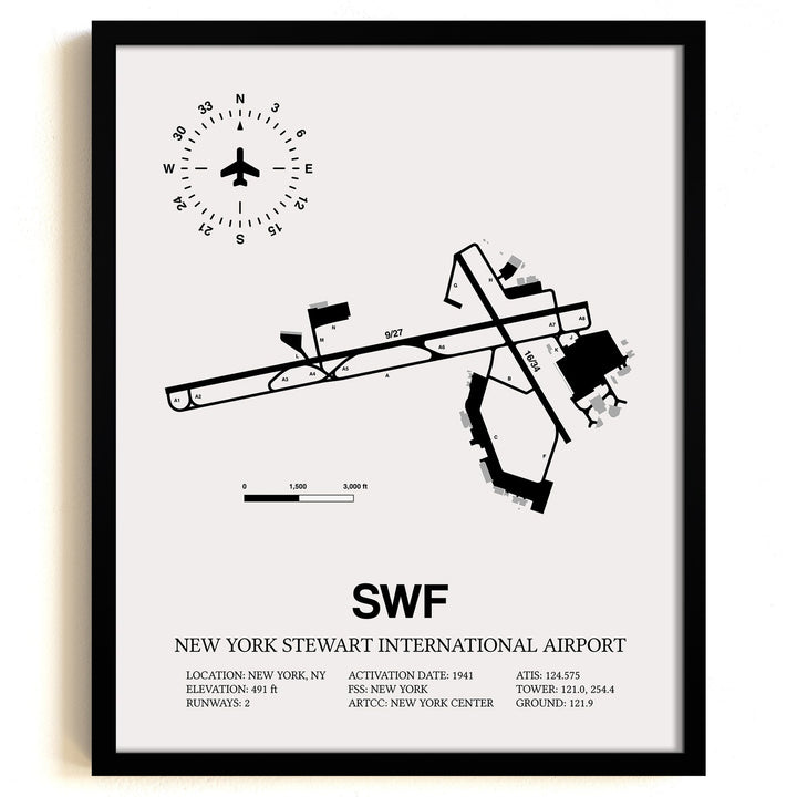 Framed Detailed Airport Map of New York Stewart International Airport (SWF) in White with a Black Frame