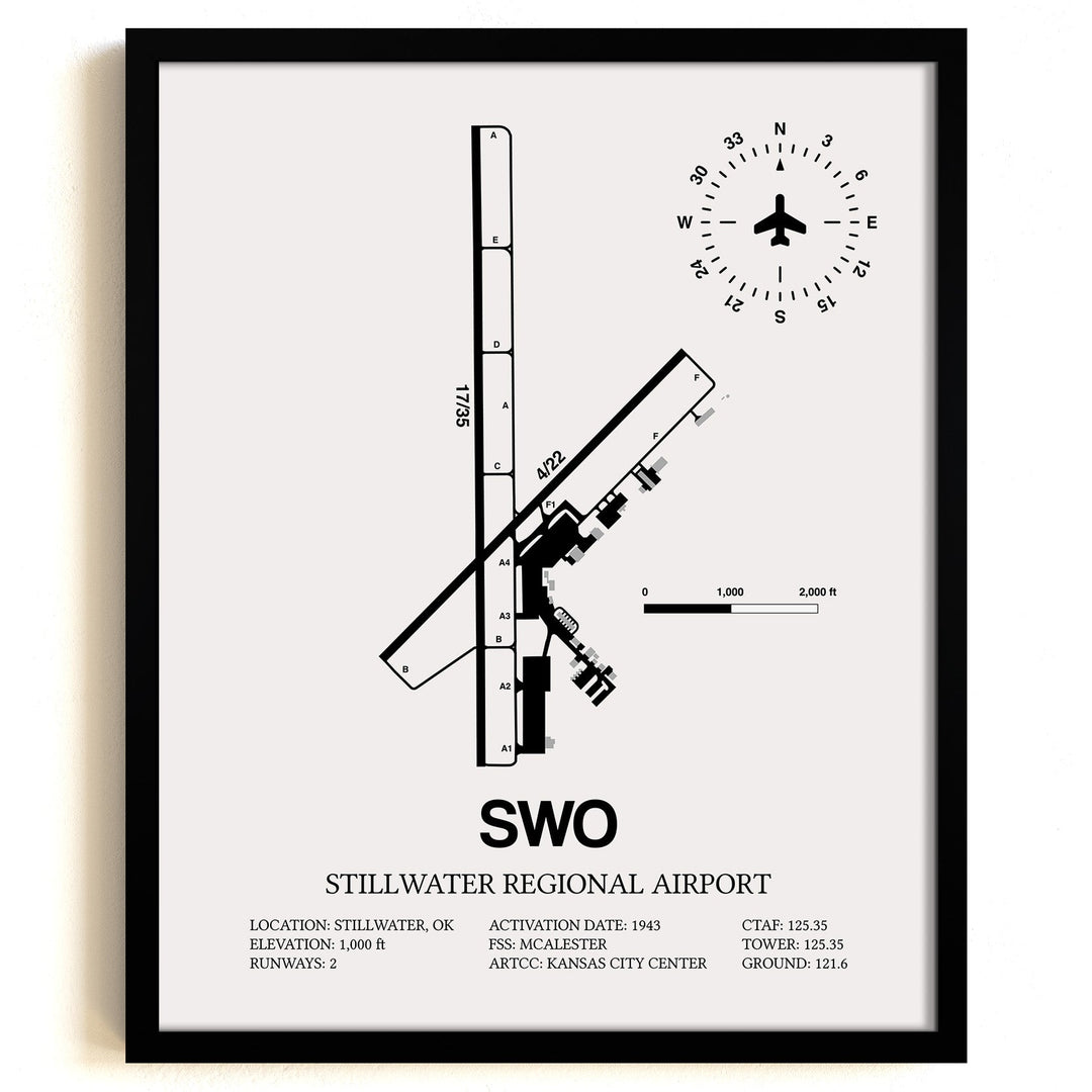 Framed Detailed Airport Map of Stillwater Regional Airport (SWO) in White with a Black Frame