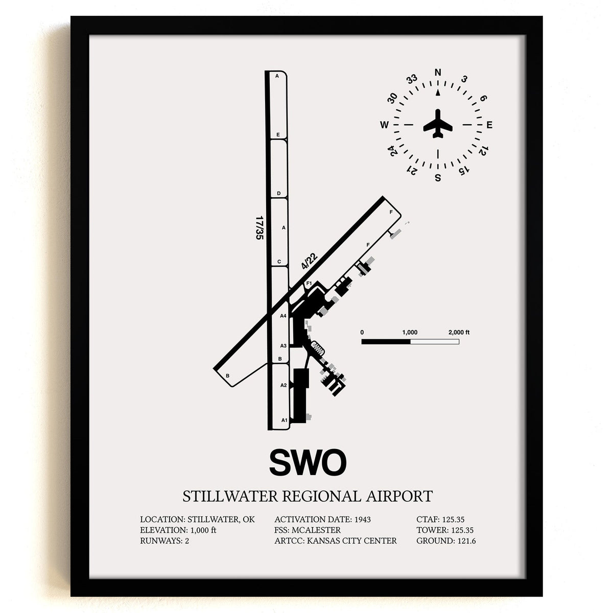 Framed Detailed Airport Map of Stillwater Regional Airport (SWO) in White with a Black Frame