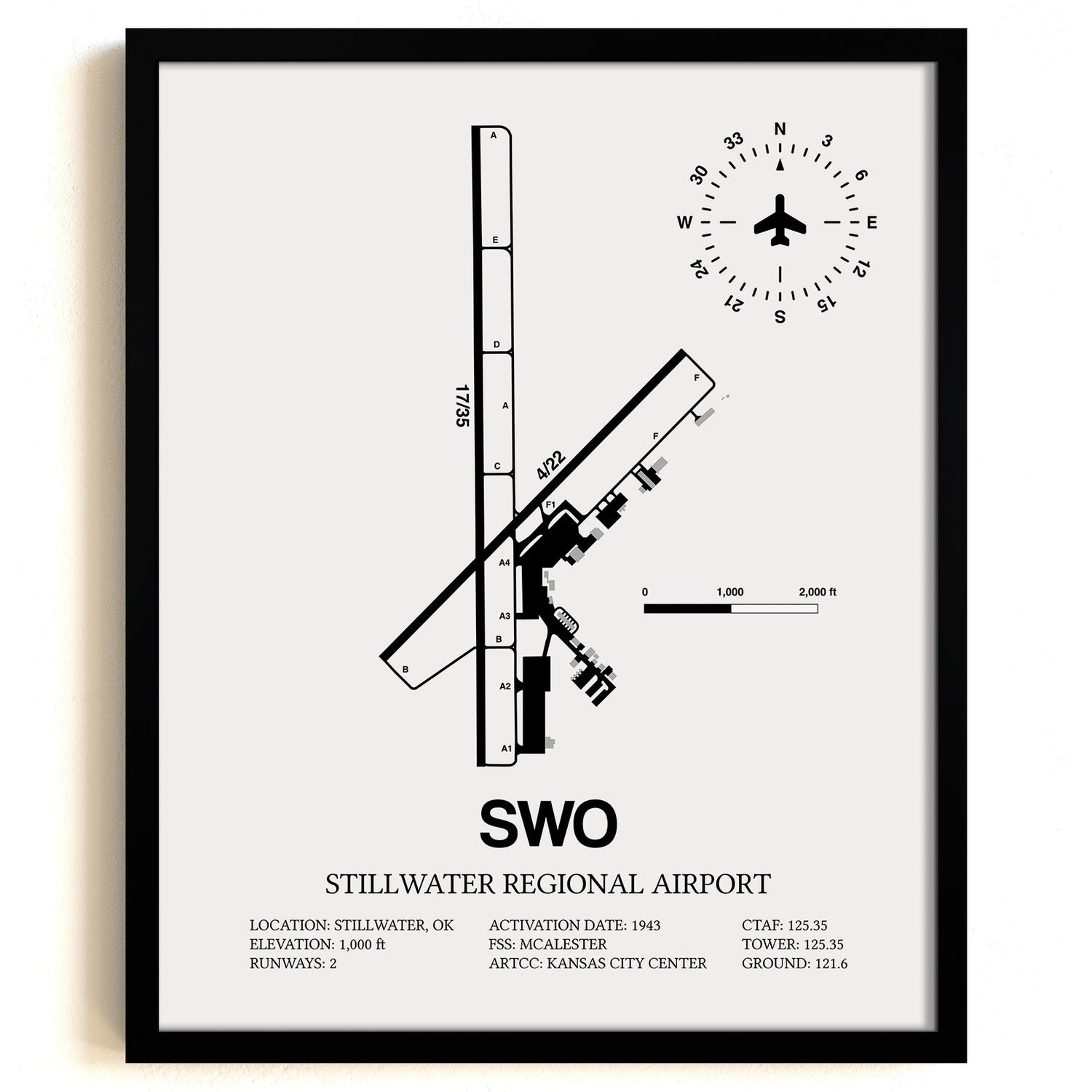 Framed Detailed Airport Map of Stillwater Regional Airport (SWO) in White with a Black Frame