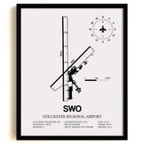 Framed Detailed Airport Map of Stillwater Regional Airport (SWO) in White with a Black Frame