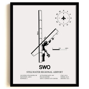 Framed Detailed Airport Map of Stillwater Regional Airport (SWO) in White with a Black Frame