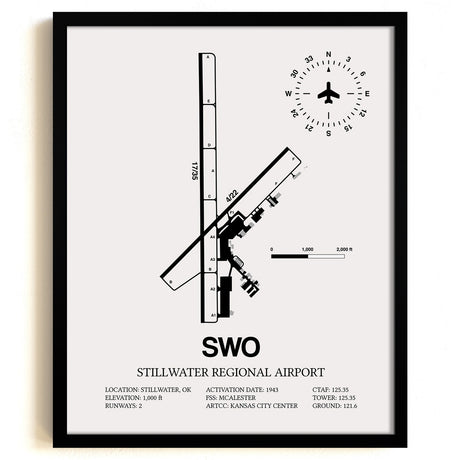 Framed Detailed Airport Map of Stillwater Regional Airport (SWO) in White with a Black Frame