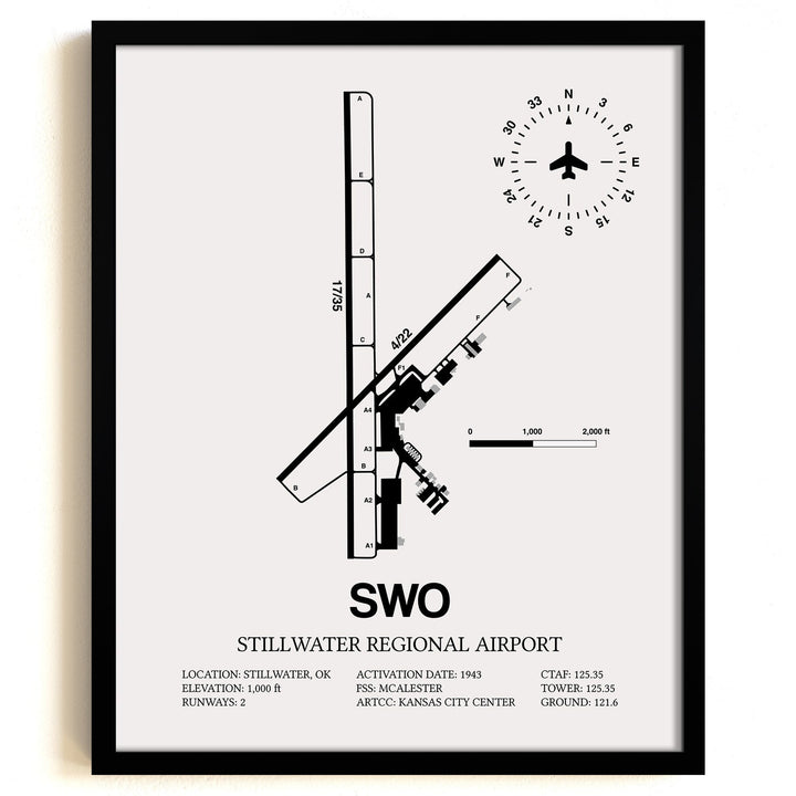 Framed Detailed Airport Map of Stillwater Regional Airport (SWO) in White with a Black Frame