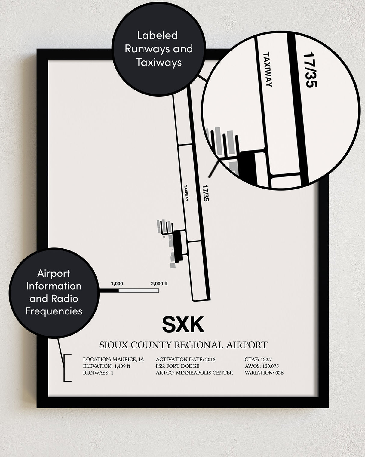 Framed Detailed Airport Map of Sioux County Regional Airport (SXK) in White with a Black Frame