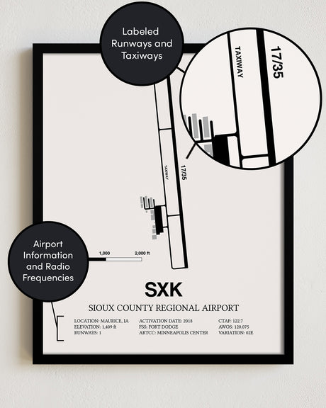 Framed Detailed Airport Map of Sioux County Regional Airport (SXK) in White with a Black Frame