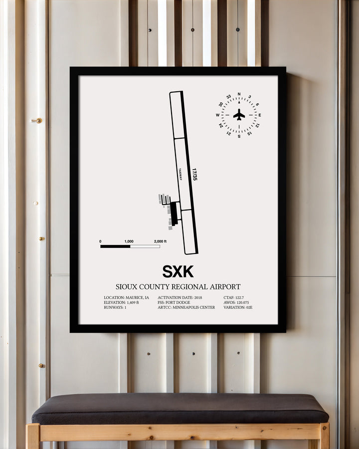Framed Detailed Airport Map of Sioux County Regional Airport (SXK) in White with a Black Frame