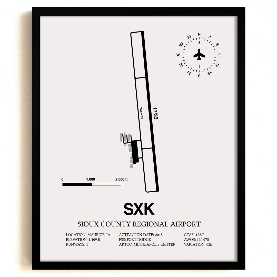 Framed Detailed Airport Map of Sioux County Regional Airport (SXK) in White with a Black Frame