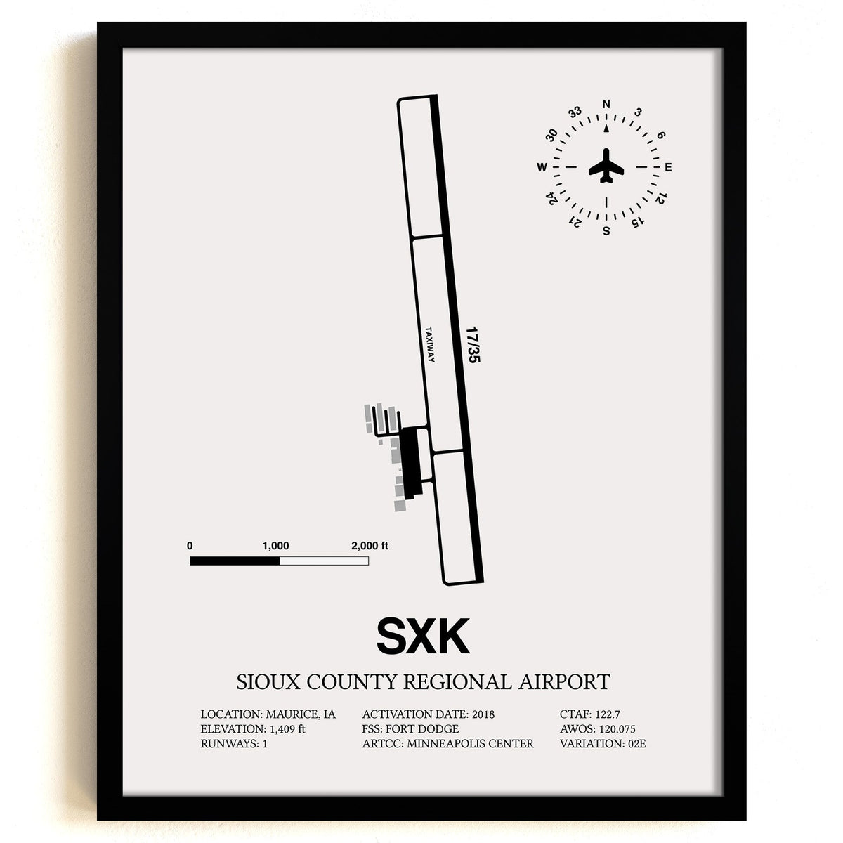 Framed Detailed Airport Map of Sioux County Regional Airport (SXK) in White with a Black Frame