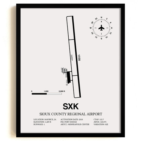 Framed Detailed Airport Map of Sioux County Regional Airport (SXK) in White with a Black Frame