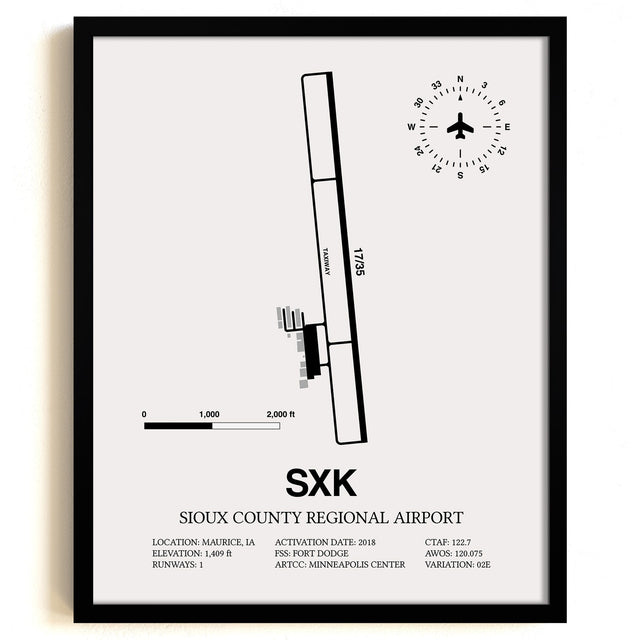 Framed Detailed Airport Map of Sioux County Regional Airport (SXK) in White with a Black Frame
