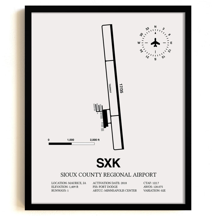 Framed Detailed Airport Map of Sioux County Regional Airport (SXK) in White with a Black Frame