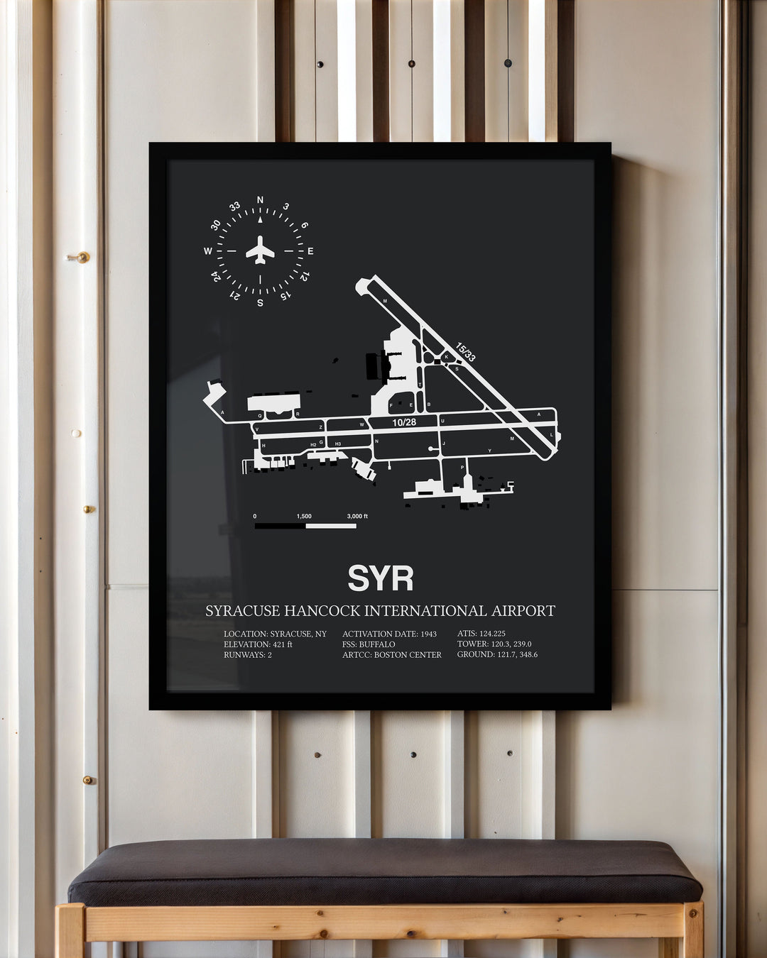 Framed Detailed Airport Map of Syracuse Hancock International Airport (SYR) in Gray with a Black Frame