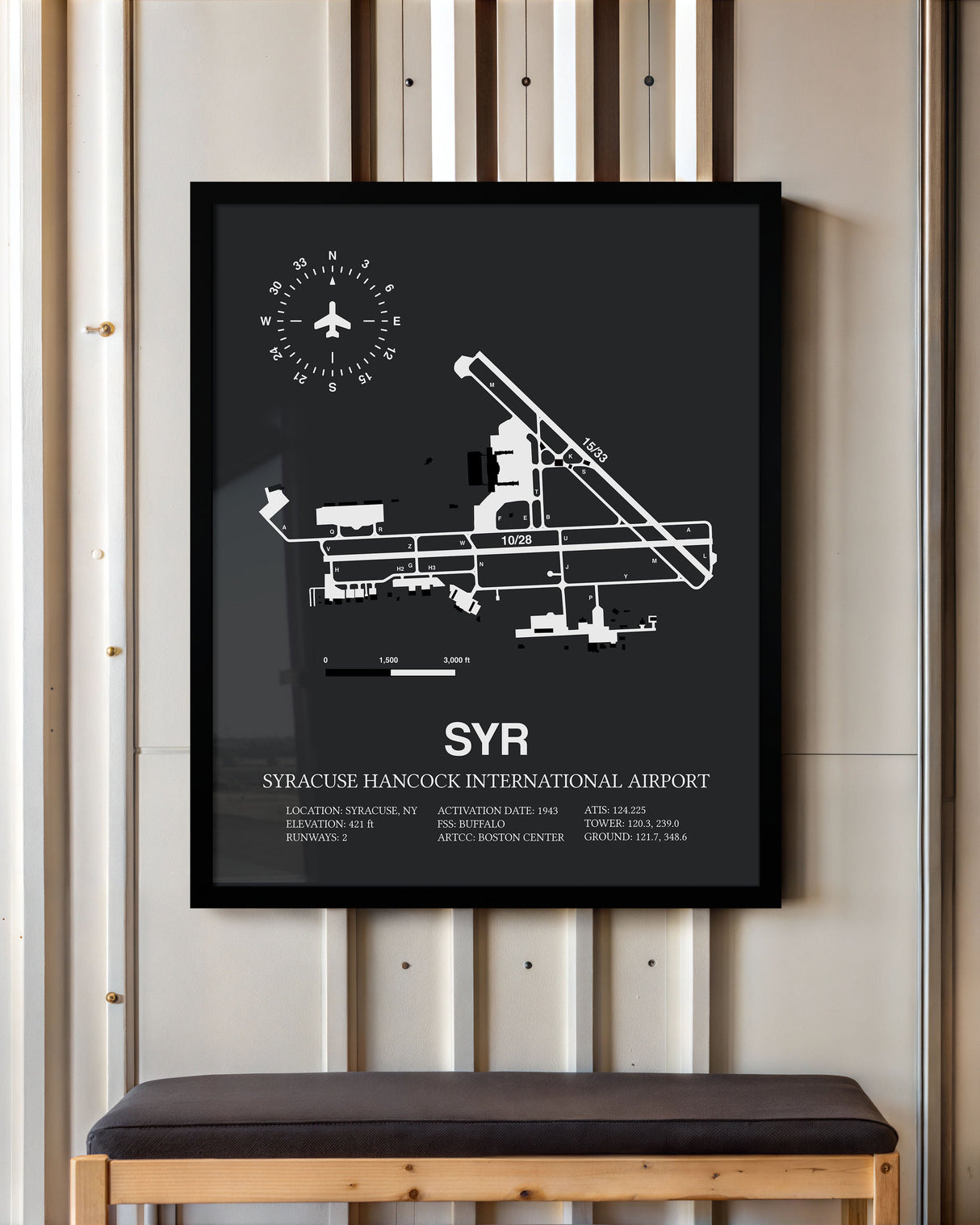 Framed Detailed Airport Map of Syracuse Hancock International Airport (SYR) in Gray with a Black Frame