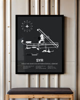 Framed Detailed Airport Map of Syracuse Hancock International Airport (SYR) in Gray with a Black Frame
